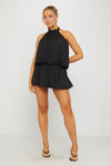 Black High Neck Open Back Puff Ball Mini Dress