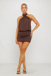 Brown Halter High Neck Open Back Mini Dress