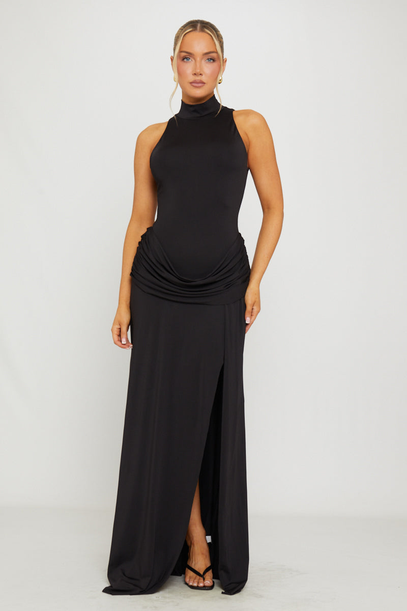 Black High Neck Draped Thigh Split Maxi Dress