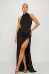 Black High Neck Draped Thigh Split Maxi Dress