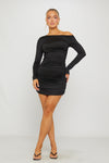 Black Ruched One Shoulder Long Sleeve Mini Dress