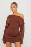 Brown One Shoulder Draped Long Sleeve Mini Dress
