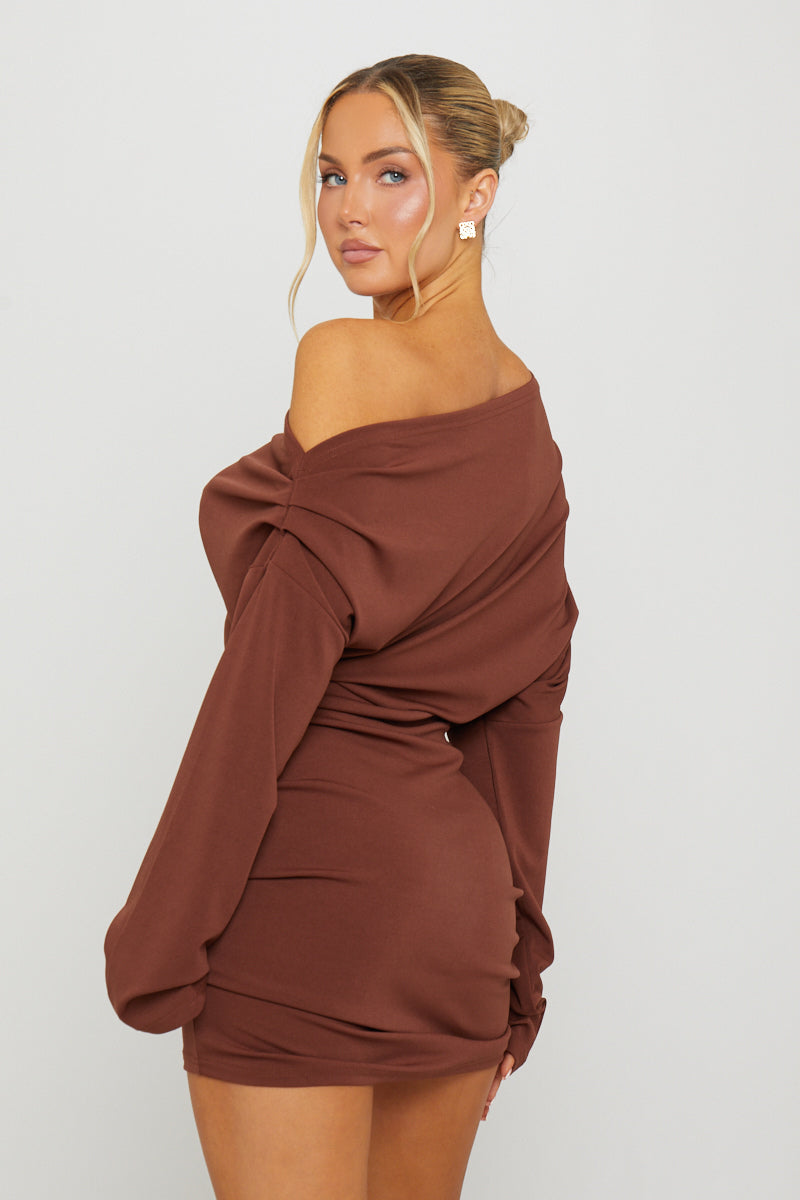 Brown One Shoulder Draped Long Sleeve Mini Dress