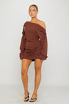 Brown One Shoulder Draped Long Sleeve Mini Dress