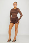 Brown Ruched Lace Long Sleeve Mini Dress