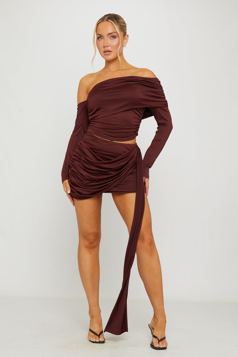 Brown One Shoulder Top & Draped Mini Skirt Co-Ord