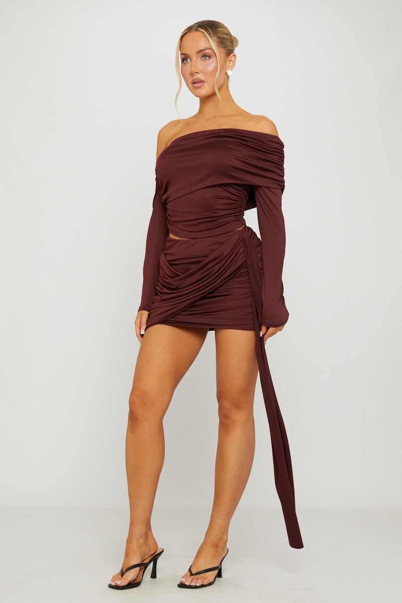 Brown One Shoulder Top & Draped Mini Skirt Co-Ord