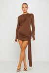 Brown Draped Long Sleeve Bodycon Mini Dress