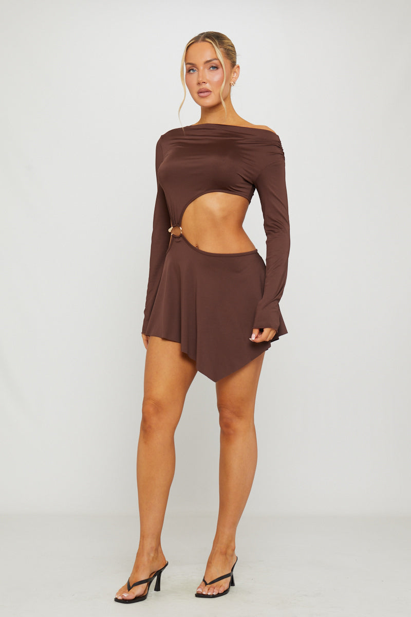 Brown One Shoulder Asymmetric Cut Out Mini Dress