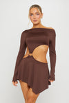 Brown One Shoulder Asymmetric Cut Out Mini Dress