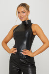 Black Faux Leather High Neck Sleeveless Top