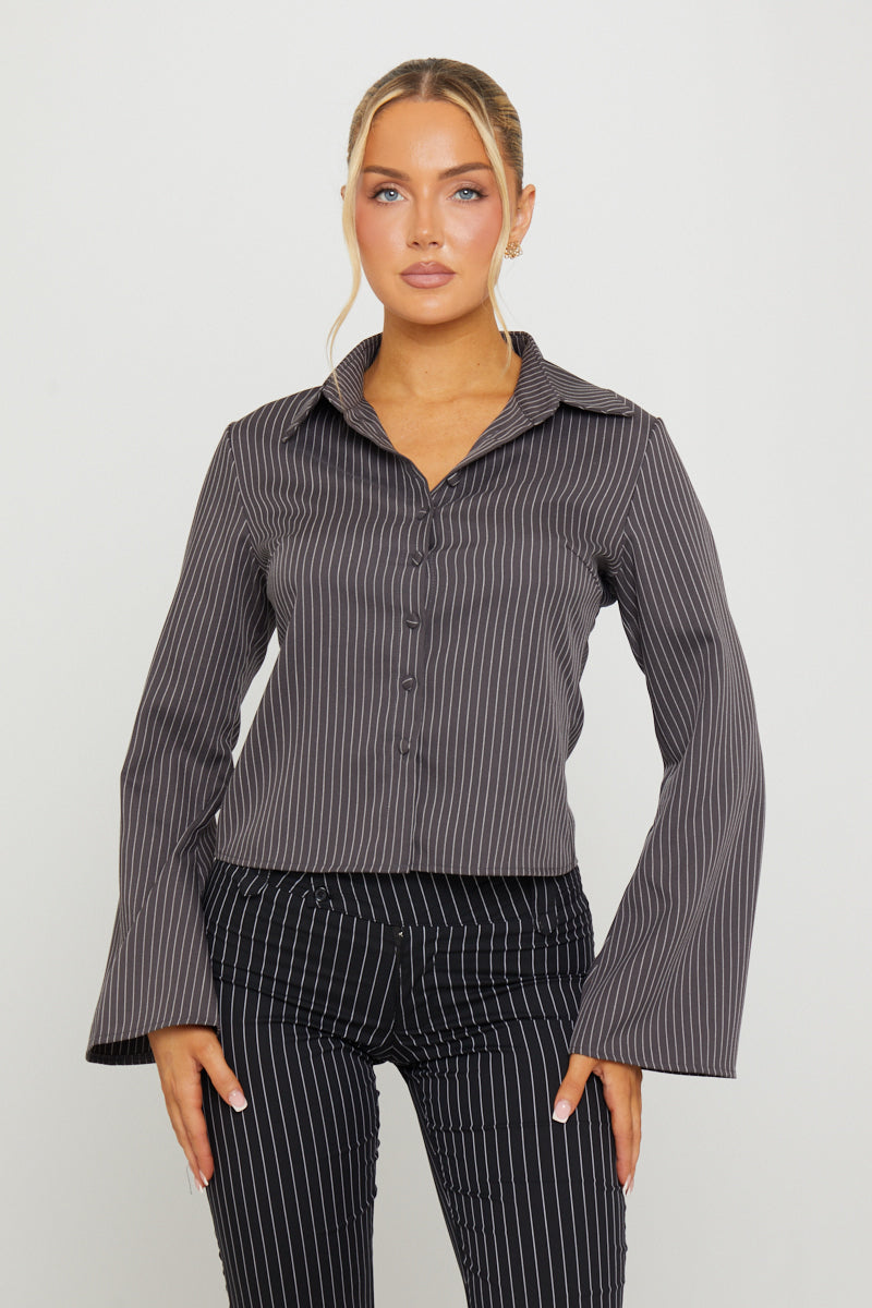 Dark Grey Pin Stripe Long Sleeve Button Up Shirt