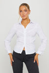 White Cinched Waist Button Up Long Sleeve Shirt