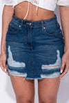 Dark Blue Distressed Frayed Hem Denim Mini Skirt