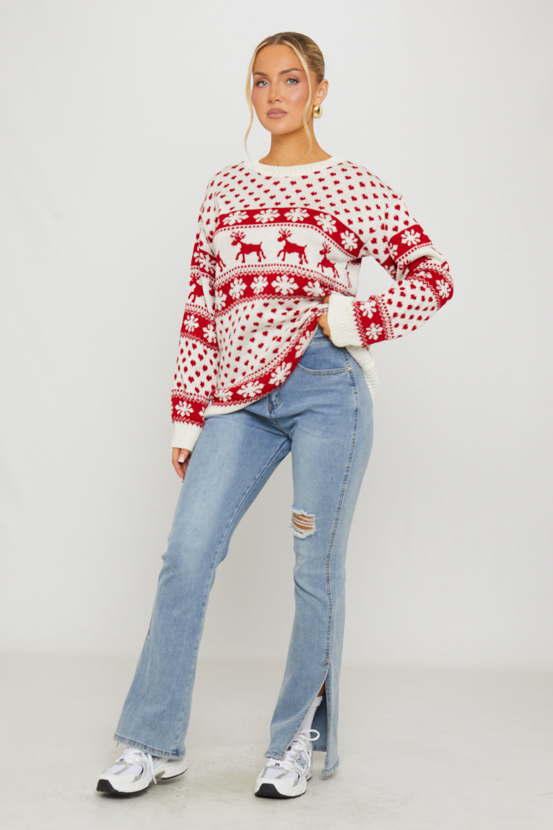 Cream Knitted Snowflake Reindeer Christmas Jumper
