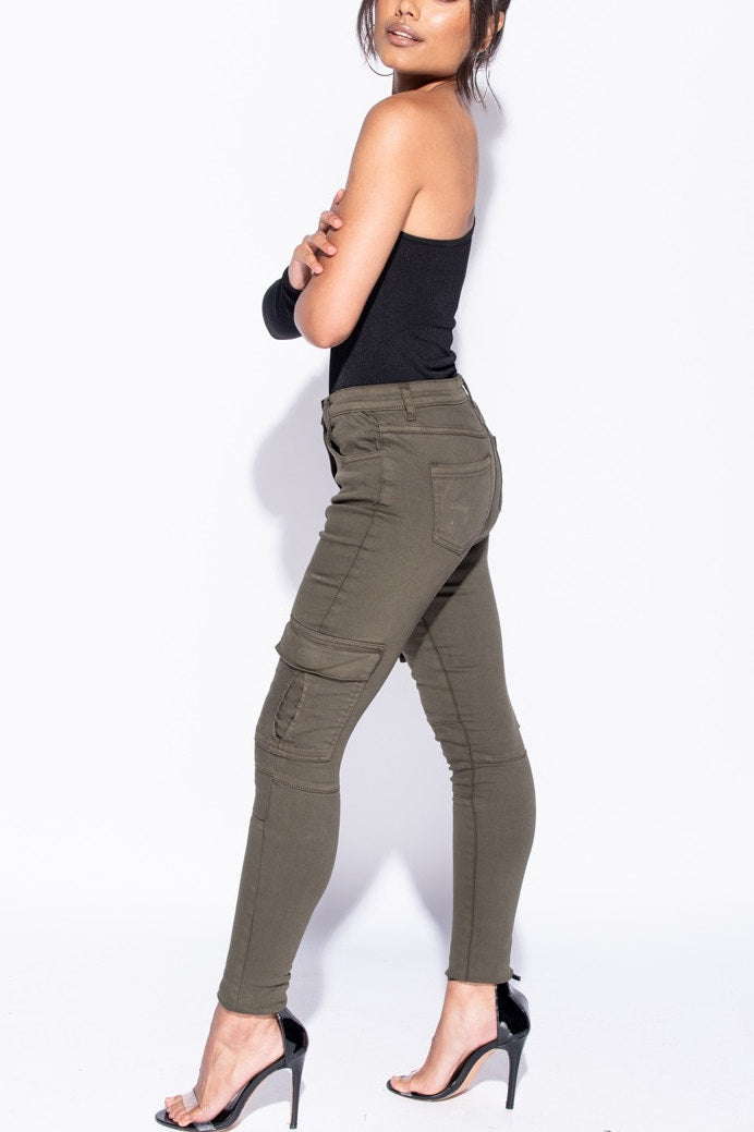 Khaki Pocket Detail High Waist Cargo Jeans