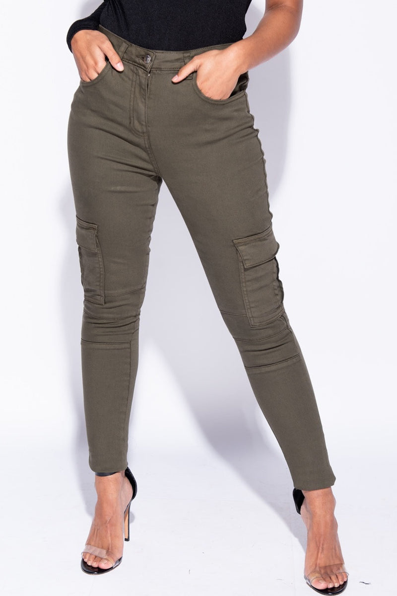 Khaki Pocket Detail High Waist Cargo Jeans