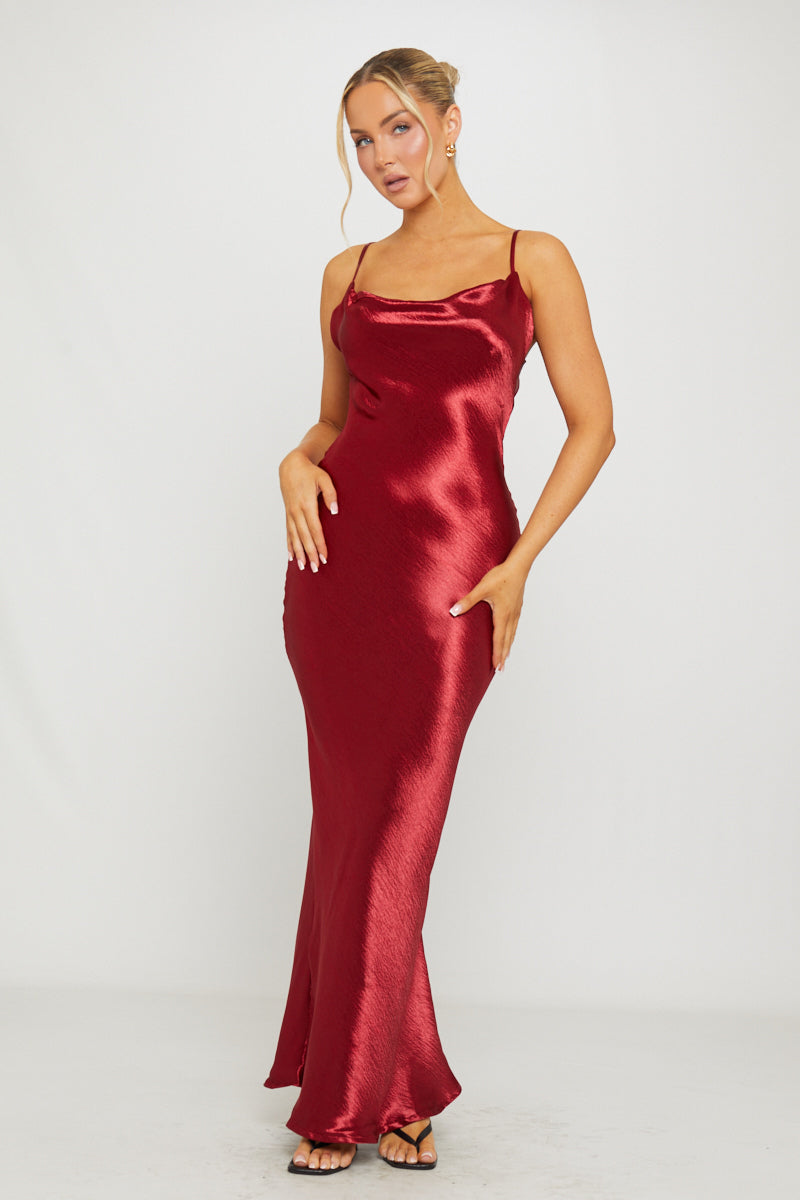 Wine Satin Cowl Neck Slip Maxi Dress