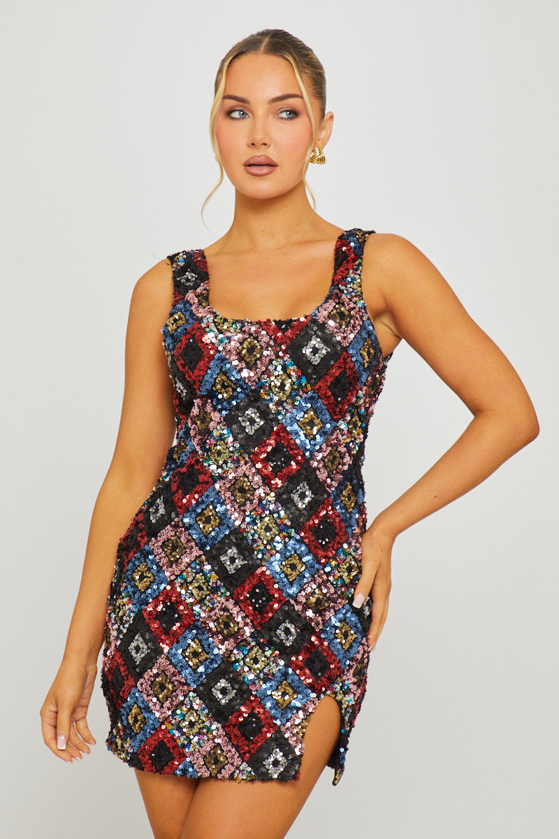 Black Sequin Diamond Detail Square Neck Mini Dress