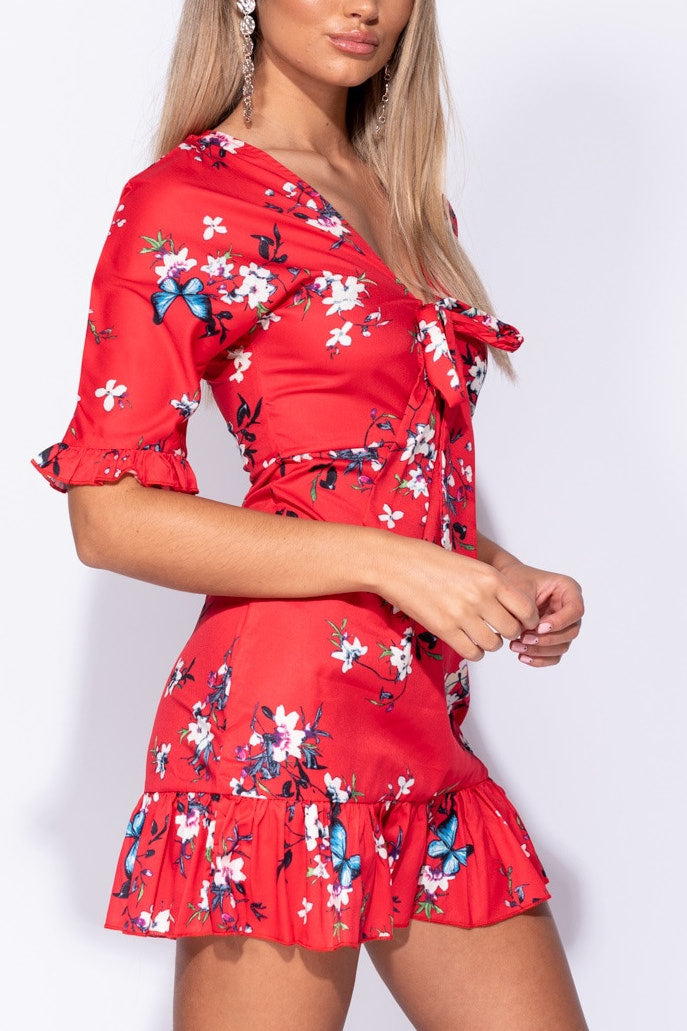 Red Floral Frill Detail Tie Front Mini Dress
