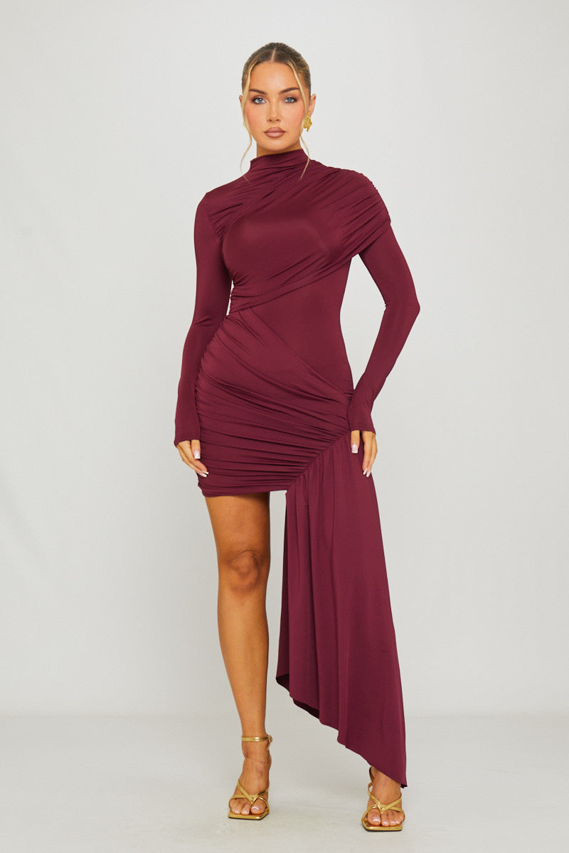 Wine High Neck Long Sleeve Draped Mini Dress