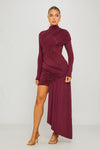 Wine High Neck Long Sleeve Draped Mini Dress