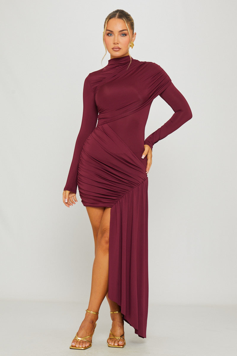 Wine High Neck Long Sleeve Draped Mini Dress