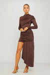 Brown High Neck Long Sleeve Draped Mini Dress