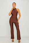 Brown High Neck Open Back Sleeveless Jumpsuit