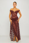 Brown Lace Off Shoulder Bodysuit & Maxi Skirt Co-Ord