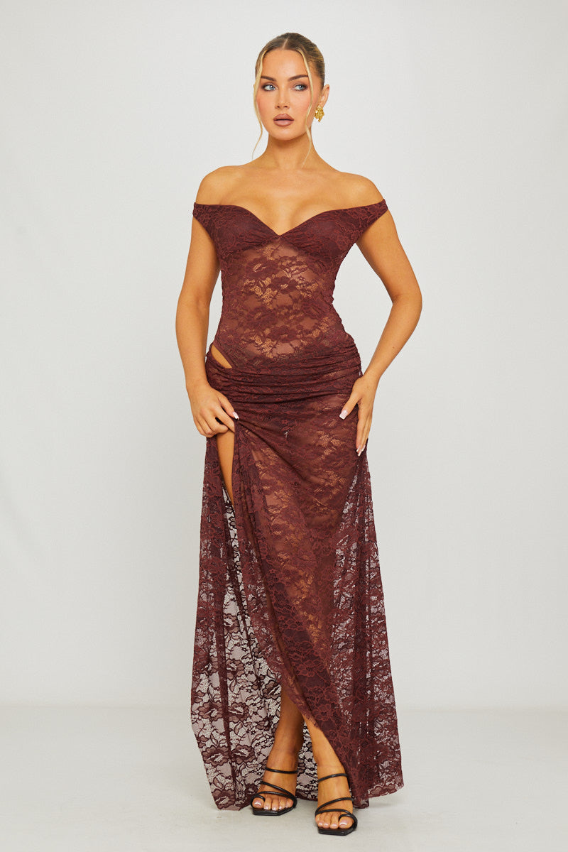 Brown Lace Off Shoulder Bodysuit & Maxi Skirt Co-Ord
