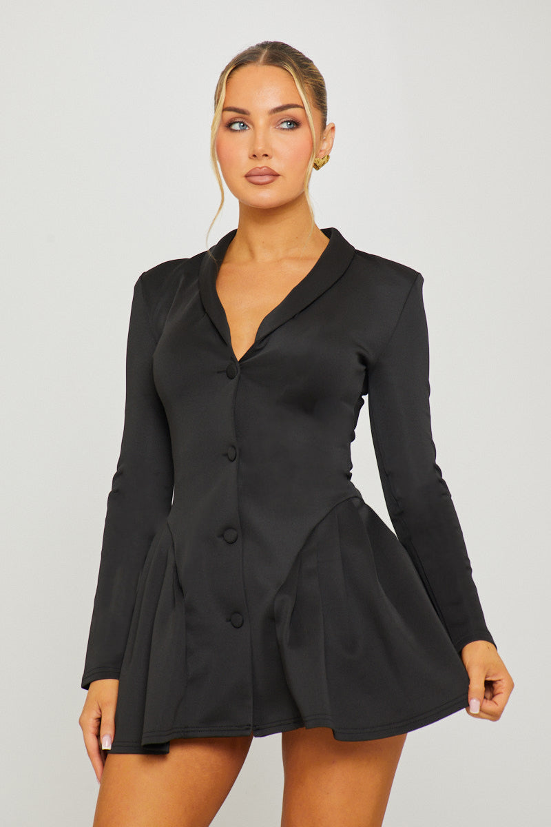 Black Button Front Long Sleeve Pleated Blazer Dress