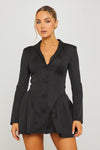 Black Button Front Long Sleeve Pleated Blazer Dress