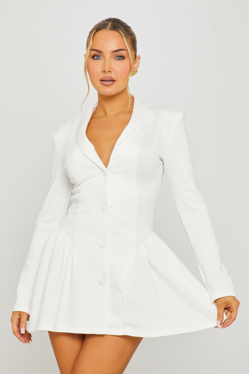 White Button Front Long Sleeve Pleated Blazer Dress