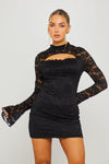 Black Lace High Neck Long Sleeve Mini Dress