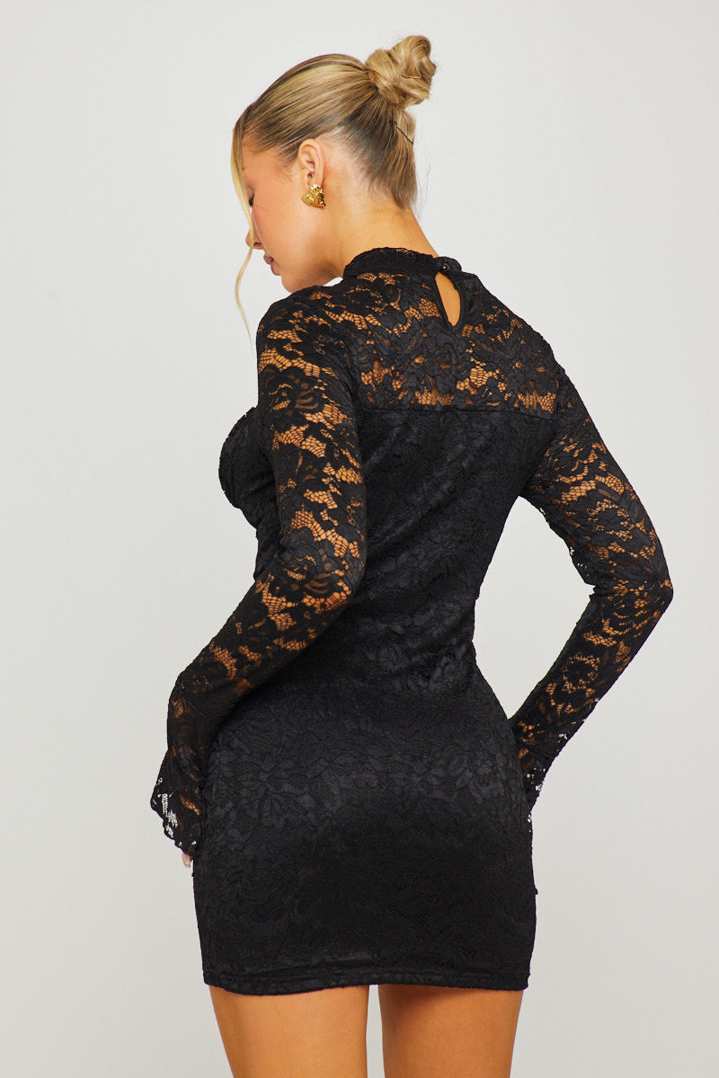 Black Lace High Neck Long Sleeve Mini Dress