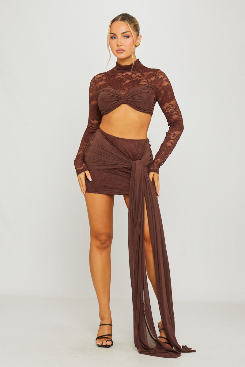 Brown Lace High Neck Crop Top & Draped Mini Skirt Co-Ord
