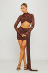 Brown Lace High Neck Crop Top & Draped Mini Skirt Co-Ord