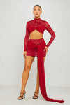 Wine Lace High Neck Crop Top & Draped Mini Skirt Co-Ord