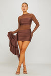 Brown Sheer Asymmetric Draped Long Sleeve Mini Dress
