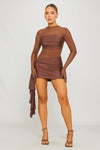 Brown Sheer Asymmetric Draped Long Sleeve Mini Dress