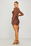 Brown Sheer Asymmetric Draped Long Sleeve Mini Dress