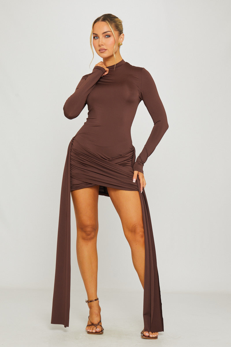 Brown High Neck Long Sleeve Draped Mini Dress