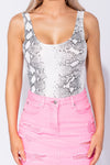 White Snake Print Scoop Neck Sleeveless Bodysuit