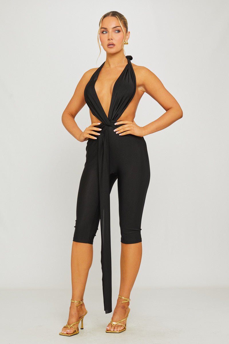 Black Deep Plunge Draped Detail Capri Jumpsuit