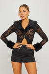 Black Faux Fur Trim Lace Cardigan & Mini Skirt Co-Ord