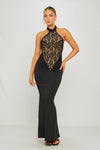 Black Lace Halterneck Open Back Maxi Dress