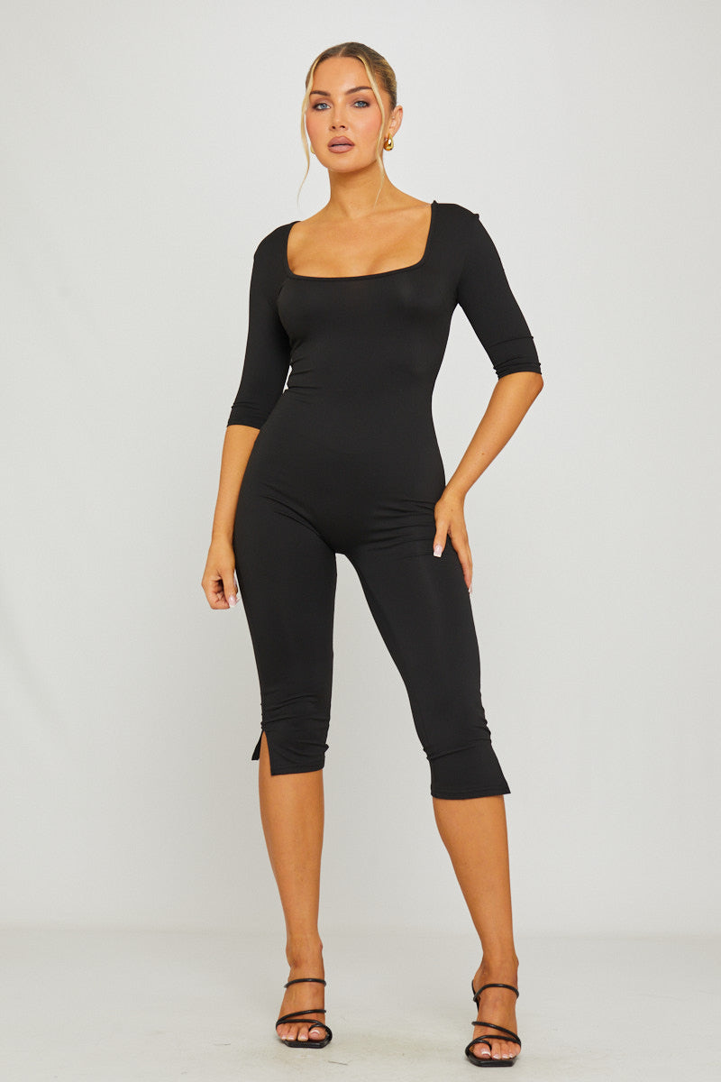 Black Square Neck Mid Sleeve Capri Jumpsuit