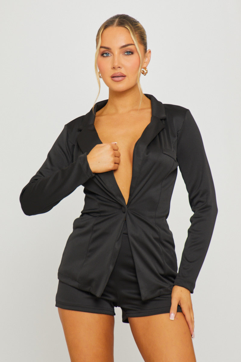 Black Plunge Long Sleeve Blazer & Shorts Co-Ord