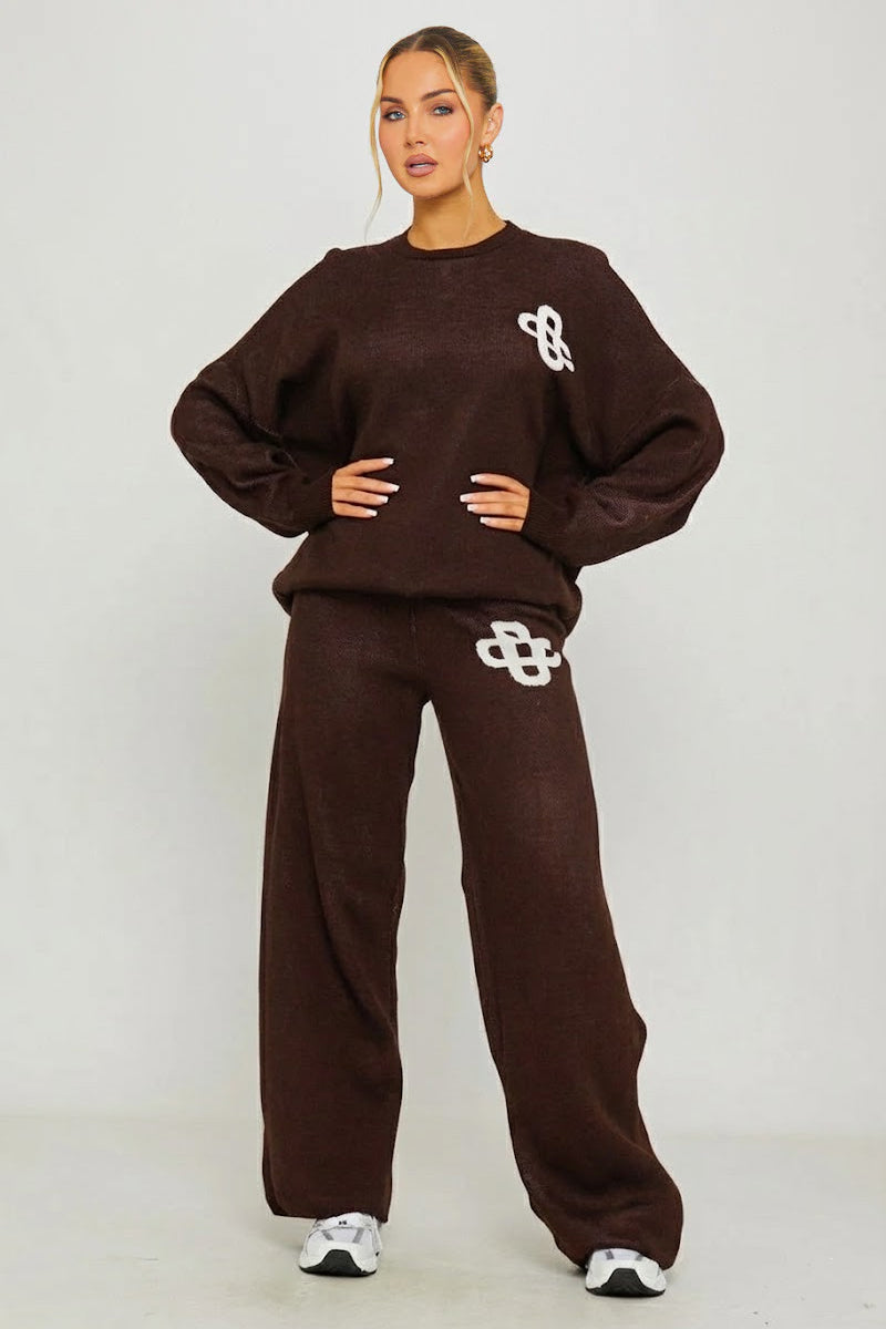 Brown Knit Oversized Swirl Detail Sweater & Joggers Co-Ord